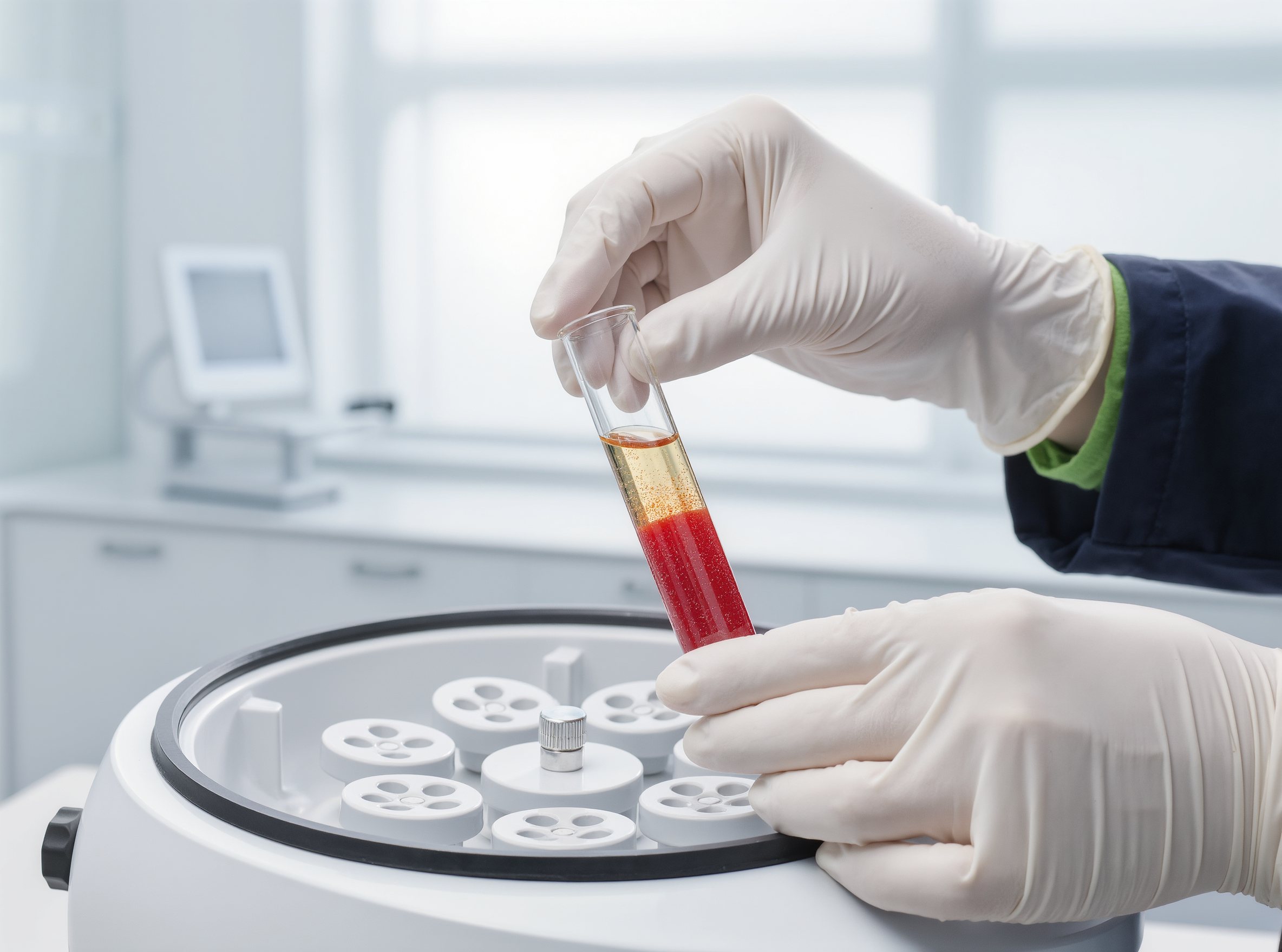 Clinician placing a PRP tube into a centrifuge