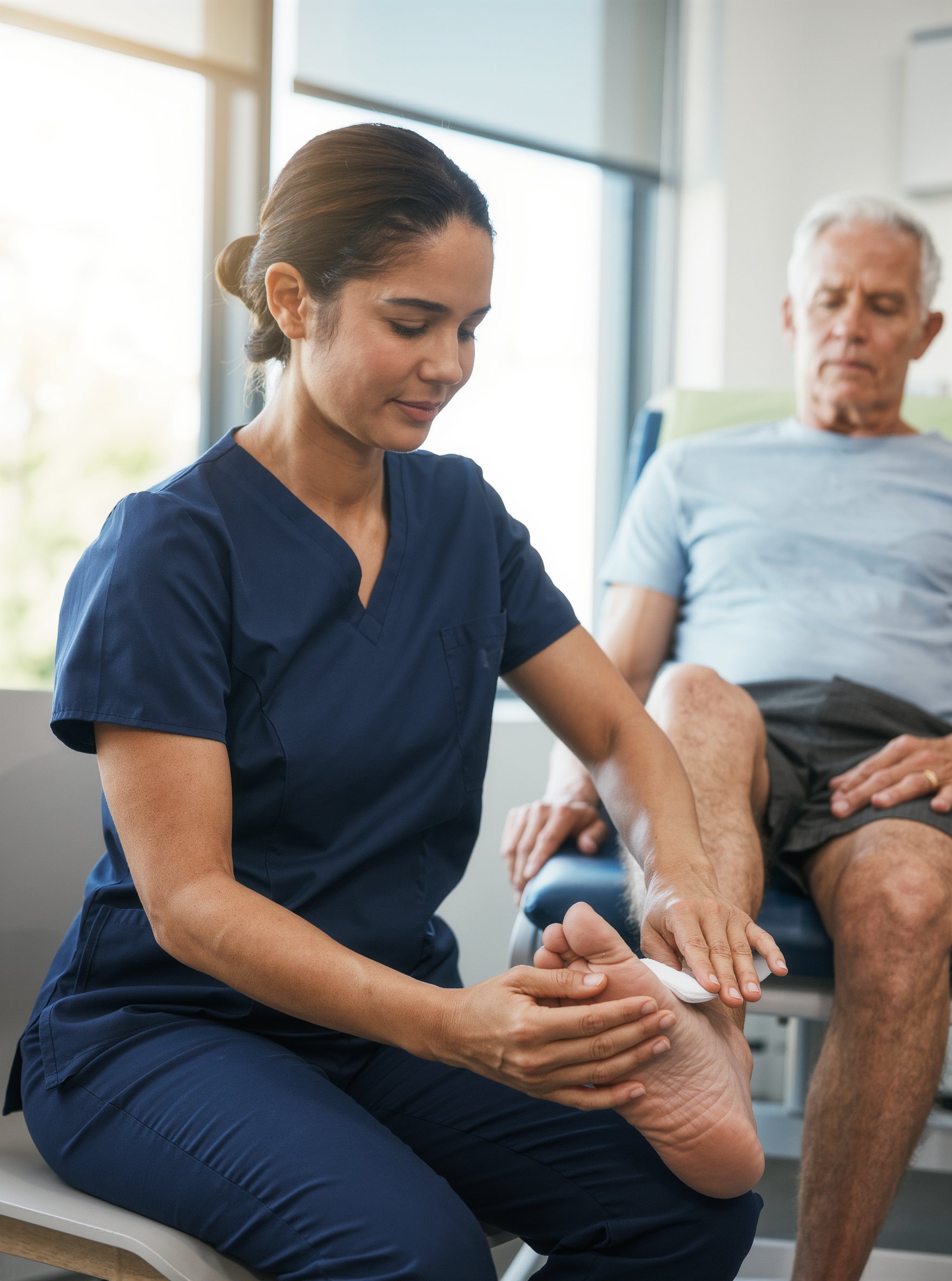 Nurse applying a dressing to a patient's leg
